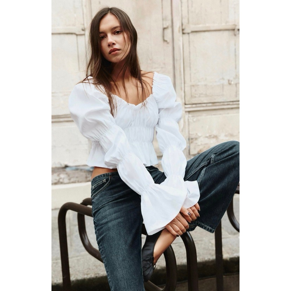 ZARA White Ruched Puff Sleeve Top Size S NWT Square Neck Ruffle Cuff Blouse